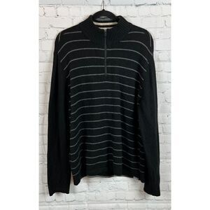 EDDIE BAUER mens black gray striped wool blend zip mock neck sweater pullover L